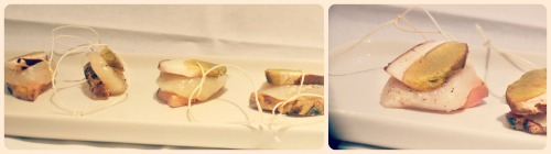 Bouchées de coquilles St Jacques au foie gras et cèpes à la ficelle